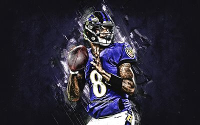Lamar Jackson, Baltimore Ravens, NFL, amerikkalainen jalkapallo, muotokuva, violetti kivi tausta, National Football League