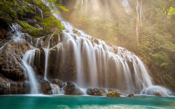 Lapopu Cachoeira, noite, p&#244;r do sol, cachoeira, selva, lago, Manurara, Do Sul Katikutana, Indon&#233;sia