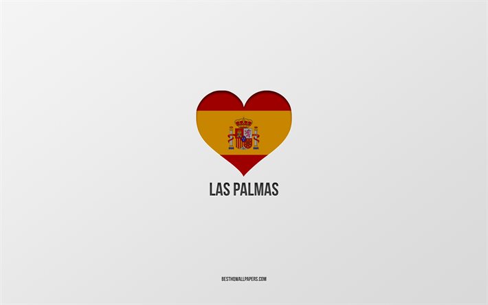 أنا أحب لاس بالماس, المدن الإسبانية, خلفية رمادية, العلم الاسباني القلب, لاس بالماس, إسبانيا, المدن المفضلة, الحب النخيل