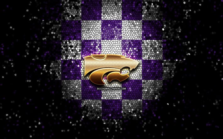 Kansas State Wildcats, glitter, logo, NCAA, viola, bianco, sfondo a scacchi, USA, squadra di football americano, Kansas State Wildcats logo, il mosaico, il football americano, l&#39;America