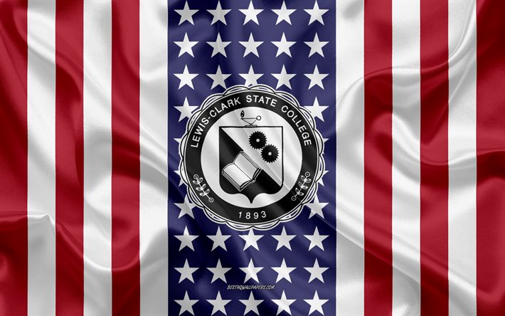 lewis-clark state college-emblem, amerikanische flagge, lewis-clark state college-logo, lewiston, idaho, usa, wahrzeichen von lewis-clark state college