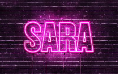 Sara, 4k, taustakuvia nimet, naisten nimiä, Sara nimi, violetti neon valot, Hyvää Syntymäpäivää Sara, suosittu japanilainen naisten nimiä, kuva Saran kanssa nimi