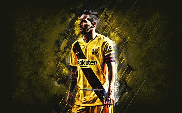 Lionel Messi, FC Barcelona, argentine football player, portrait, yellow stone background, football, yellow FC Barcelona uniform, Leo Messi