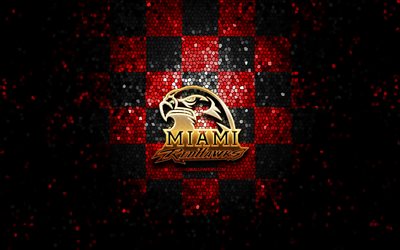 Miami RedHawks, glitter logo, NCAA, red black checkered background, USA, american football team, Miami RedHawks logo, mosaic art, american football, America