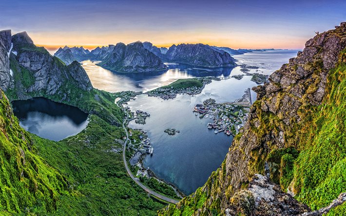 Lofoten, noite, p&#244;r do sol, ilhas, rochas, paisagem de montanha, seascape, Mar Da Noruega, Noruega
