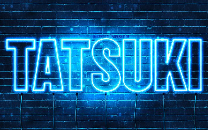 Tatsuki, 4k, pap&#233;is de parede com os nomes de, texto horizontal, Tatsuki nome, Feliz Anivers&#225;rio Tatsuki, popular japon&#234;s nomes masculinos, luzes de neon azuis, imagem com a Tatsuki nome