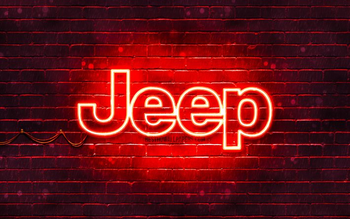 Jeep r&#246;d logo, 4k, red brickwall, Jeep logotyp, bilar varum&#228;rken, Jeep neon logotyp, Jeep