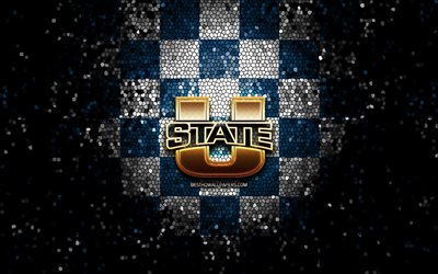 Utah State Aggies, glitter, logo, NCAA, blu, bianco, sfondo a scacchi, USA, squadra di football americano, Utah State Aggies logo, il mosaico, il football americano, l&#39;America