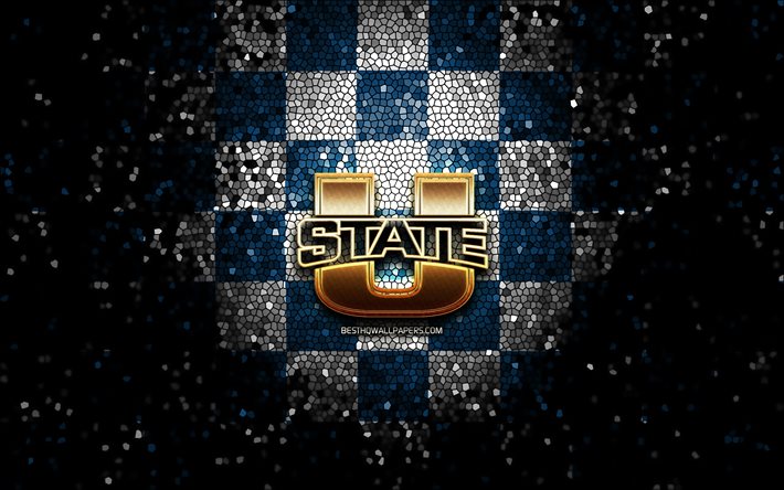 Utah State Aggies, glitter logo, NCAA, blue white checkered background, USA, american football team, Utah State Aggies logo, mosaic art, american football, America