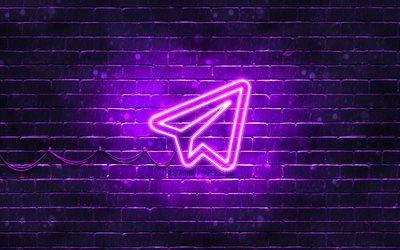 Telegram violet logo, 4k, violet brickwall, Telegram logo, social networks, Telegram neon logo, Telegram