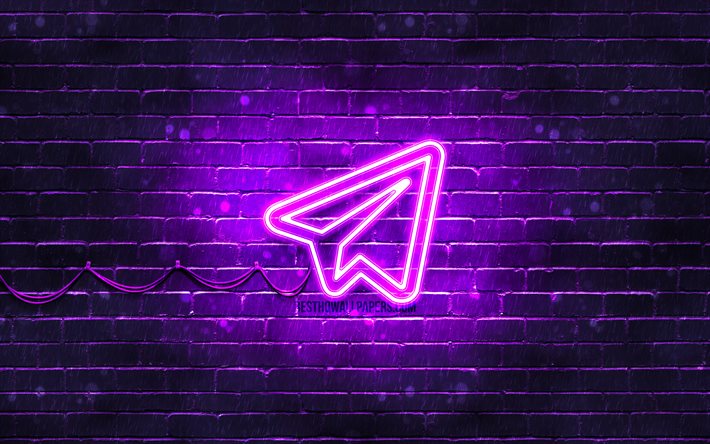 Telegram violett logotyp, 4k, violett brickwall, Telegram logotyp, sociala n&#228;tverk, Telegram neon logotyp, Telegram
