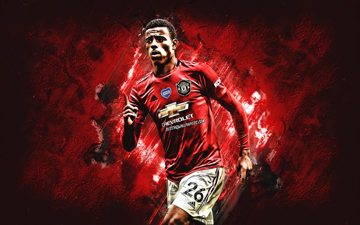 Mason Greenwood, le Manchester United FC, anglais, joueur de football, portrait, rouge, pierre fond, art cr&#233;atif, football