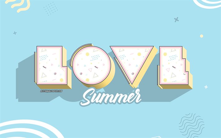 Amor de Verano, creativo azul de fondo, verano, conceptos, letras 3d, el Amor de Verano de fondo