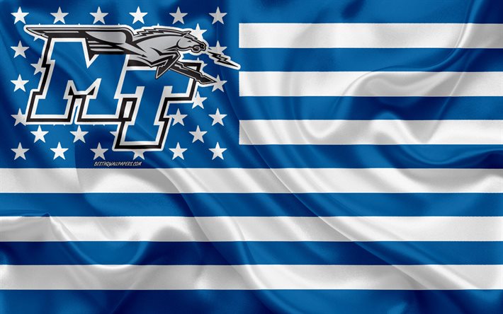 Middle Tennessee Blue Raiders, equipo de f&#250;tbol Americano, creativo, bandera Estadounidense, color azul de la bandera blanca, de la NCAA, Murfreesboro, Tennessee, estados UNIDOS, Middle Tennessee Blue Raiders logotipo, emblema, bandera de seda, el f&