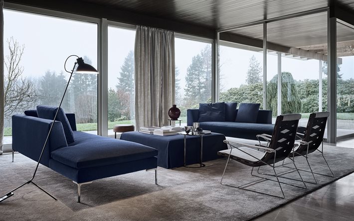 stylish interior design, living room, retro style, scandinavian style, blue sofas in the living room, country house