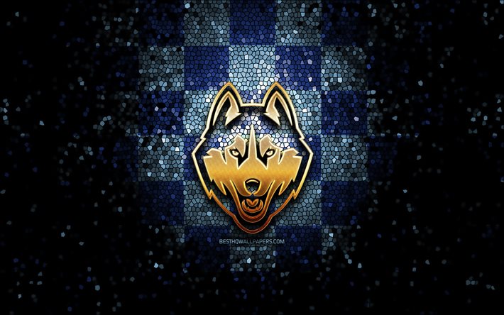 UConn Huskies, glitter logo, NCAA, blue checkered background, USA, american football team, UConn Huskies logo, mosaic art, american football, America