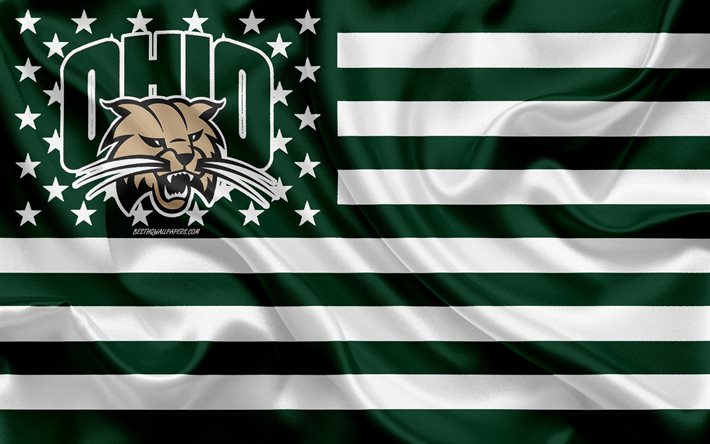 Ohio Bobcats, American football team, creative American flag, green white flag, NCAA, Athens, Ohio, USA, Ohio Bobcats logo, emblem, silk flag, American football