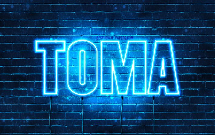 Ota, 4k, taustakuvia nimet, vaakasuuntainen teksti, Toma nimi, Hyv&#228;&#228; Syntym&#228;p&#228;iv&#228;&#228; Toma, suosittu japanilainen mies nimet, blue neon valot, kuva Toma nimi