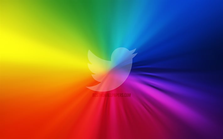 Twitter logo, 4k, vortex, social networks, rainbow backgrounds, creative, artwork, brands, Twitter