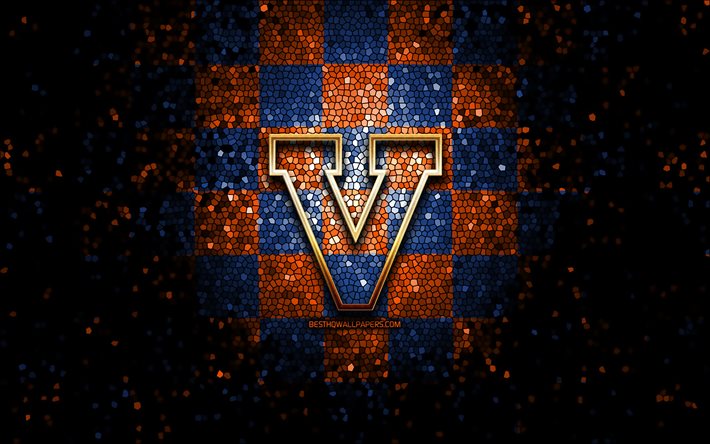 Virginia Cavaliers, glitter logo, NCAA, blue orange checkered background, USA, american football team, Virginia Cavaliers logo, mosaic art, american football, America