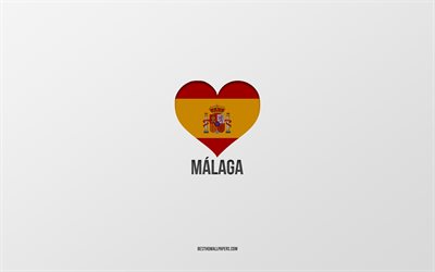 أنا أحب ملقة, المدن الإسبانية, خلفية رمادية, العلم الاسباني القلب, ملقة, إسبانيا, المدن المفضلة, الحب ملقة
