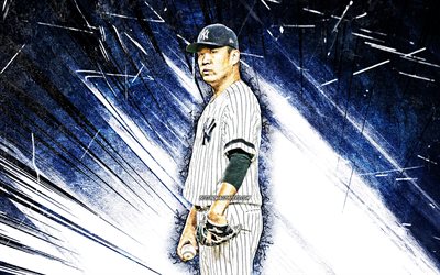 4k, Masahiro Tanaka, grunge art, MLB, New York Yankees, sy&#246;tt&#228;j&#228;, baseball, Red Thunder, Major League Baseball, sininen abstrakti-s&#228;teilt&#228;, Masahiro Tanaka New York Yankees, Masahiro Tanaka 4K, NY Yankees