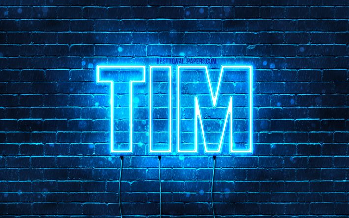 Tim, 4k, fondos de pantalla con los nombres, el texto horizontal, Tim nombre, Feliz Cumplea&#241;os Tim, popular alem&#225;n macho de nombres, luces azules de ne&#243;n, de la imagen con el nombre de Tim