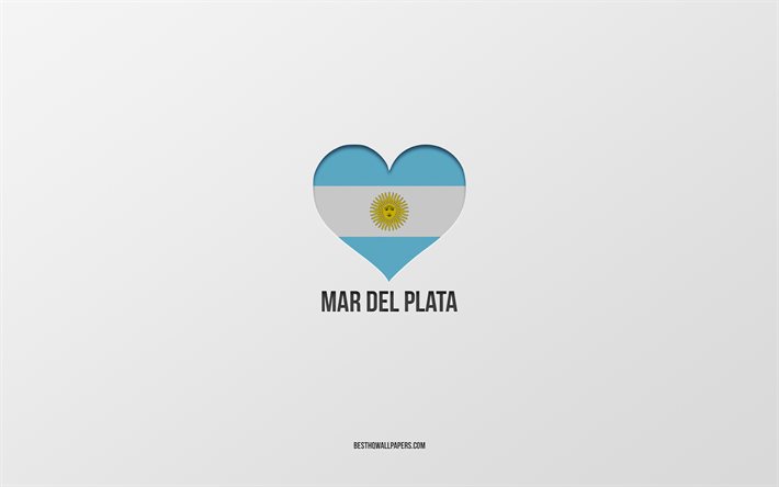 Eu Amo a Mar del Plata, Argentina cidades, plano de fundo cinza, Bandeira Argentina cora&#231;&#227;o, Mar do Prata, cidades favoritas, O amor de Mar del Plata, Argentina