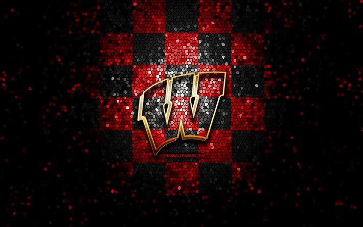 Wisconsin Badgers, glitter logotyp, NCAA, r&#246;d och svart rutig bakgrund, USA, amerikansk fotboll, Wisconsin Badgers logotyp, mosaik konst, Amerika