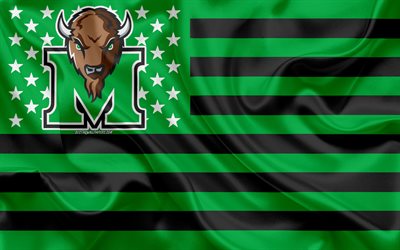 Marshall Thundering Herd, Amerikkalainen jalkapallo joukkue, luova Amerikan lippu, vihre&#228; musta lippu, NCAA, Huntington, L&#228;nsi-Virginia, USA, Marshall Thundering Herd-logo, tunnus, silkki lippu, Amerikkalainen jalkapallo