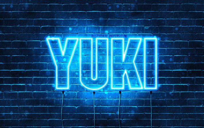 Yuki, 4k, taustakuvia nimet, vaakasuuntainen teksti, Yuki nimi, Hyv&#228;&#228; Syntym&#228;p&#228;iv&#228;&#228; Yuki, suosittu japanilainen mies nimet, blue neon valot, kuva Yuki nimi