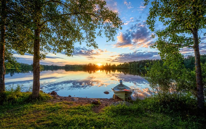 Finlandia, tramonto, lago, foresta, estate, natura, Europa