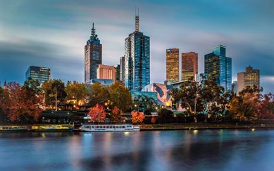Melbourne, illalla, sunset, pilvenpiirtäjiä, moderneja rakennuksia, Melbourne kaupunkikuvaan, Australia