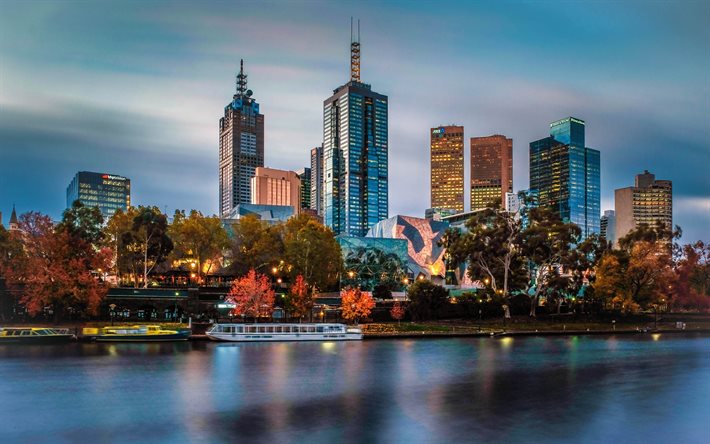 Melbourne, noite, p&#244;r do sol, arranha-c&#233;us, edif&#237;cios modernos, Melbourne paisagem urbana, Austr&#225;lia