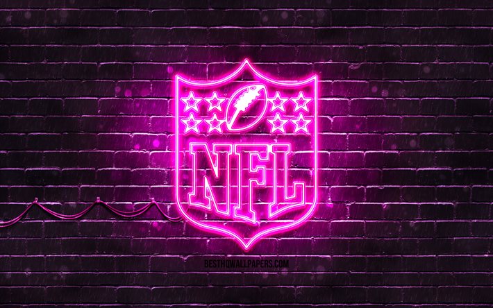 nfl-purple-logo, 4k, lila brickwall, national football league, nfl logo american football league nfl neon logo, nfl