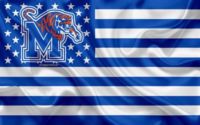 Memphis Tigers, Amerikan futbol takımı, yaratıcı Amerikan bayrağı, mavi beyaz bayrak, NCAA, Memphis, Tennessee, AMERİKA Birleşik Devletleri, Memphis Tigers logo, amblem, ipek bayrak, Amerikan Futbolu