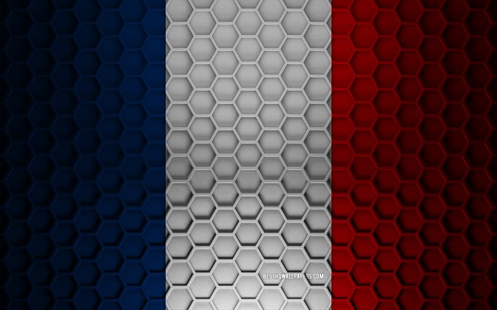 France flag, 3d hexagons texture, France, 3d texture, France 3d flag, metal texture, flag of France