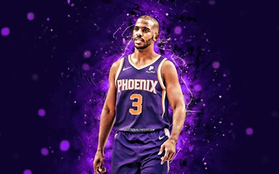 Chris Paul, 4k, Phoenix Suns, NBA, basketball stars, violet neon lights, basketball, Chris Paul Phoenix Suns, Chris Paul 4K