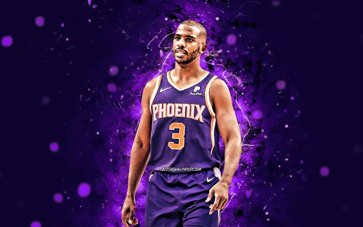 Chris Paul, 4k, Phoenix Suns, NBA, estrelas do basquete, luzes de n&#233;on violeta, basquete, Chris Paul Phoenix Suns, Chris Paul 4K