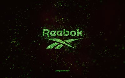 Reebok logo glitter, 4k, sfondo nero, logo Reebok, arte glitter verde, Reebok, arte creativa, logo Reebok verde glitter