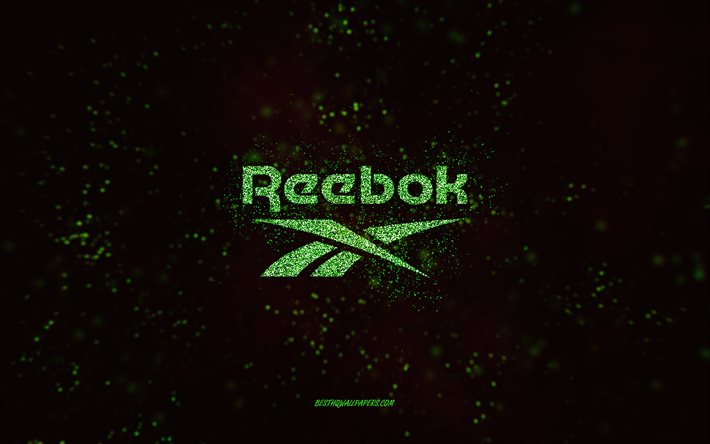 Logotipo com glitter da Reebok, 4k, fundo preto, logotipo da Reebok, arte com glitter verde, Reebok, arte criativa, logotipo com glitter verde da Reebok