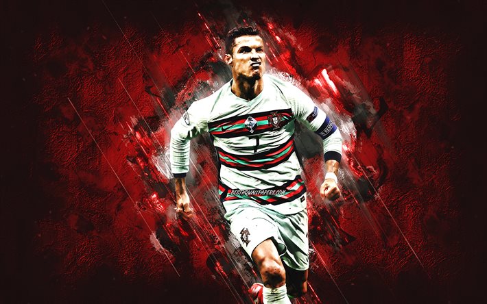 Cristiano Ronaldo, CR7, sele&#231;&#227;o nacional de futebol de Portugal, arte grunge, fundo de pedra vermelha, futebol, arte de Cristiano Ronaldo