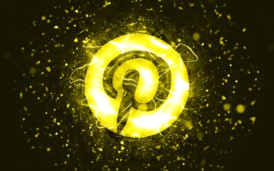 Pinterest sarı logosu, 4k, sarı neon ışıkları, yaratıcı, sarı soyut arka plan, Pinterest logosu, sosyal ağ, Pinterest