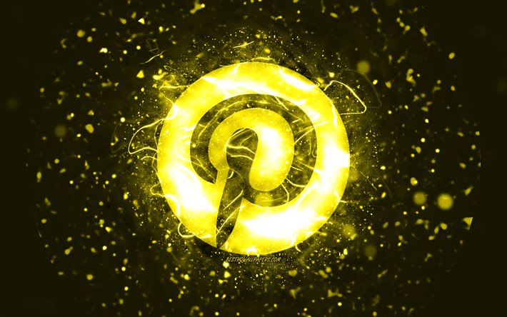 Pinterest yellow logo, 4k, yellow neon lights, creative, yellow abstract background, Pinterest logo, social network, Pinterest