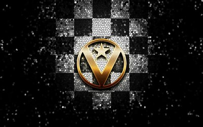 Virtus Bologna, logotipo brilhante, LBA, fundo branco xadrez preto, basquete, clube italiano de basquete, logotipo Virtus Bologna, arte em mosaico, Lega Basket Serie A