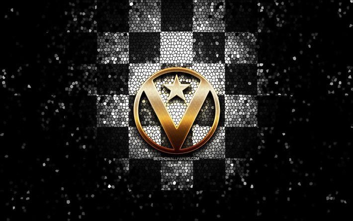Virtus Bologna, glitter logo, LBA, white black checkered background, basketball, italian basketball club, Virtus Bologna logo, mosaic art, Lega Basket Serie A