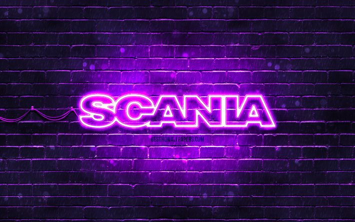Scania violet logo, 4k, violet brickwall, Scania logo, brands, Scania neon logo, Scania