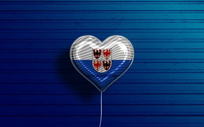 I Love Trentino-South Tyrol, 4k, realistic balloons, blue wooden background, Day of Trentino-South Tyrol, italian regions, flag of Trentino-South Tyrol, Italy, balloon with flag, Trentino-South Tyrol flag, Trentino-South Tyrol