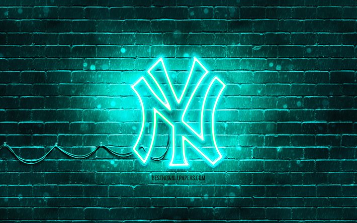 Logotipo turquesa do New York Yankees, 4k, parede de tijolos turquesa, logotipo do New York Yankees, time americano de beisebol, logotipo em n&#233;on do New York Yankees, NY Yankees, New York Yankees