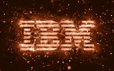 IBM: n ruskea logo, 4k, ruskeat neonvalot, luova, ruskea abstrakti tausta, IBM -logo, tuotemerkit, IBM